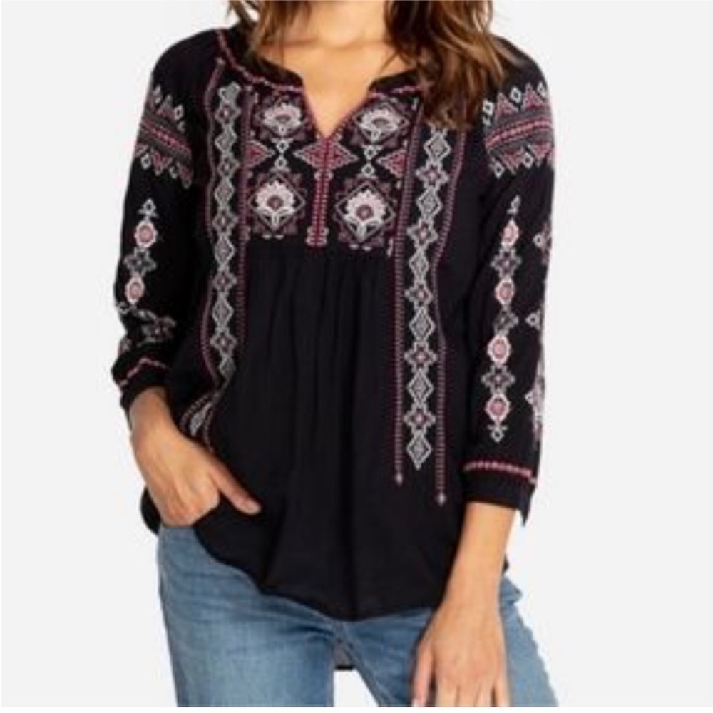 Johnny Was Tatum Black Embroidered Boho Peasant Tunic Top Blouse S Festival Chic